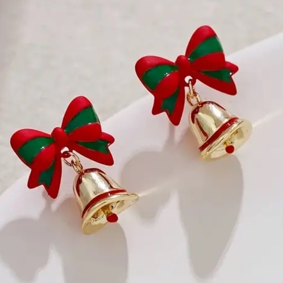 Christmas Festive Red and Green Bow 925 Sterling Silver Earrings with Gold Bells - Picture 6 of 6